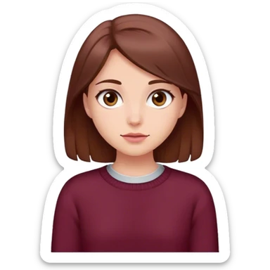 A girl with brown hair smiles, gray eyes, wearing a burgundy sweater sticker