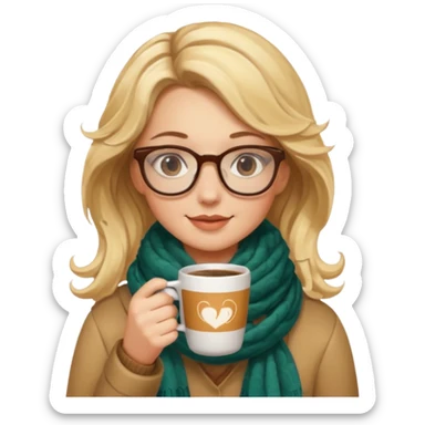 a girl drink with blonde wavy hair, wearing glasses, having scarf, drink coffee sticker