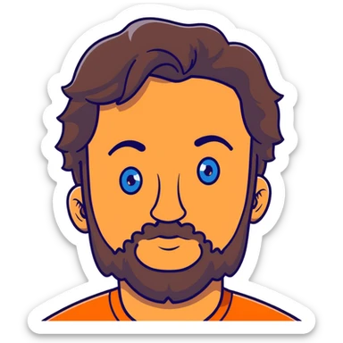 Lebanese man with one blue eye and one brown eye, dark brown longish wavy hair, light beard, closed mouth, kind expression, blue shirt sticker