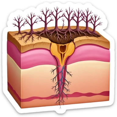 hair follicle cross-section, showing skin layers, root, and growing hair, with pink colors sticker