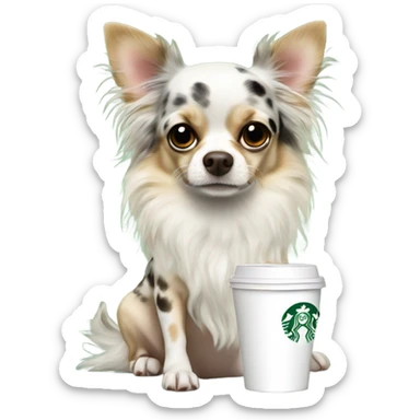 Fluffy spotted Merle long hair chihuahua drinking Starbucks  sticker