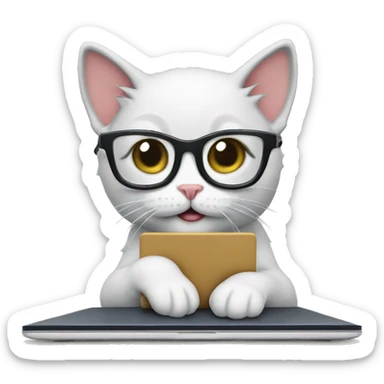 Kitten wearing glasses using a laptop to trade stock market sticker