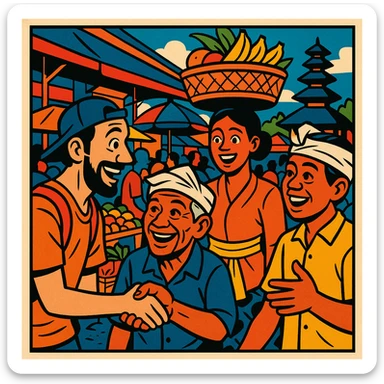 comic book panel of a Bali nomad meeting friendly locals at a bustling Balinese market, expressive faces, comic book style, vibrant colors, lively atmosphere sticker