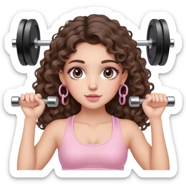 cute balayage brunette long hair curly/wavy haired girl, hoop earrings, clean girl makeup DOING EXERCISE with weights with a cute pastel pink set sticker