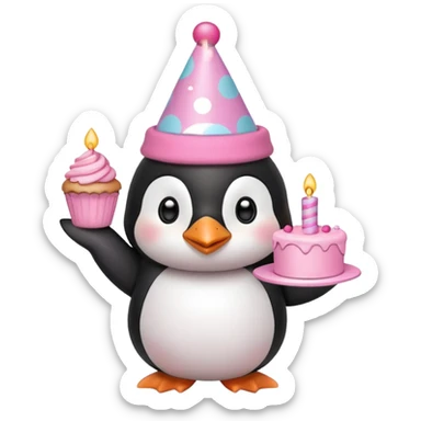 cute penguin  hold a pink birthday cake in both arms with pink birthday hat sticker
