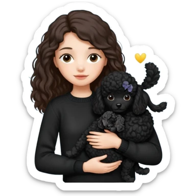 One Brunette girl with long hair in a black sweater holds a single black Poodle puppy in her arms sticker