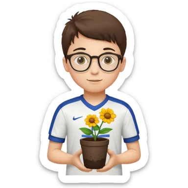 young boy wearing glasses, wearing soccer uniform, holding a flower pot sticker
