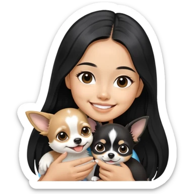 Smiling Thai girl with long black hair petting a tiny black and white Chihuahua sticker