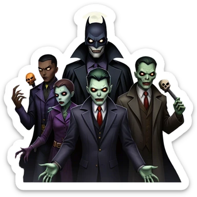 Icon for Thriller Movies: A large, dramatic collage featuring sinister villains and zombies in dark clothing. The background shows the gloomy cityscape of Gotham with dim lighting and eerie shadows. The atmosphere should be tense, mysterious, and suspenseful. Transparent background. sticker