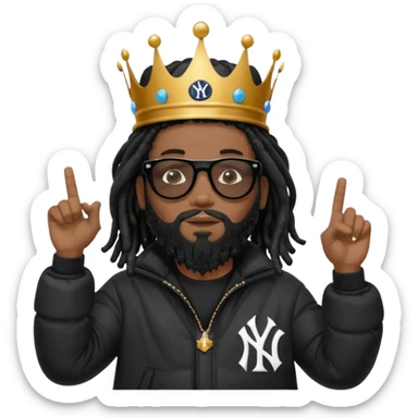African American man with shoulder length black dreadlocks with black beard wearing black sunglasses wearing Crown on his head wearing a black bubble m New York Yankees logo winter coat pointing up sticker
