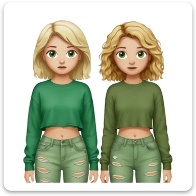 Two girls, both white, one with short wavy blonde hair and green eyes, dressed in punk Y2K fashion and the other with long wavy brown hair, brown eyes, freckles; and cozy green clothes  sticker