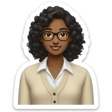 smiling dark skin indian teenage girl with black curly hair and glasses wearing a collared long sleeve white shirt under a beige v shaped collar sweatervest with no buttons sticker
