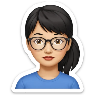 filipino woman black hair in one pony tail with straight bangs and big glasses, 50 yr old sticker