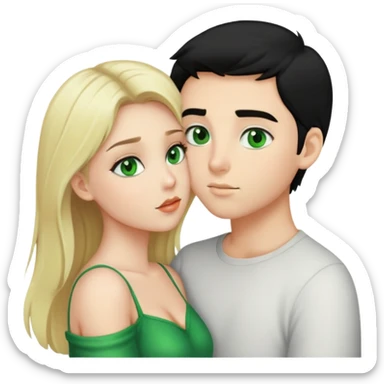 A blonde girl with green eyes kisses a boy with fair skin and black hair with a hairstyle and green eyes sticker