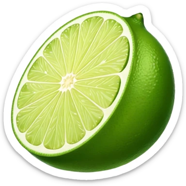 whole lime with smooth glossy green skin slightly oval dimpled shape small wedge cross-section nearby revealing juicy pale green interior radial segments no leaves plate or extras soft lighting subtle shadows emoji scale sticker