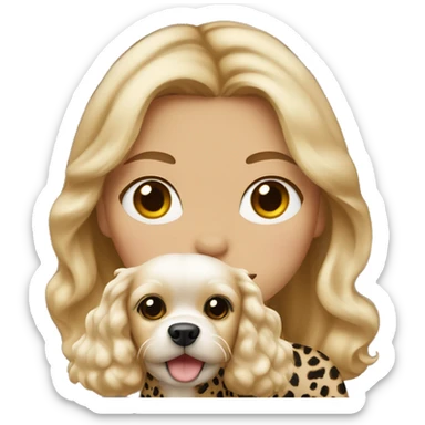 Girl with light skin, blonde waves hair, leopard top hold on Maltese dog sticker