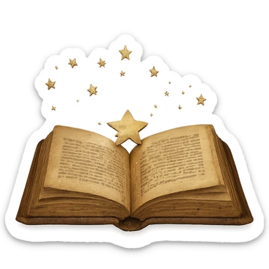 Make the open yellow book with sparkles look old and worn, with a faded cover and vintage details, keeping the background transparent. sticker