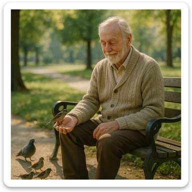 retired man feeding birds, gentle expression, cardigan sweater, sitting on a park bench sticker