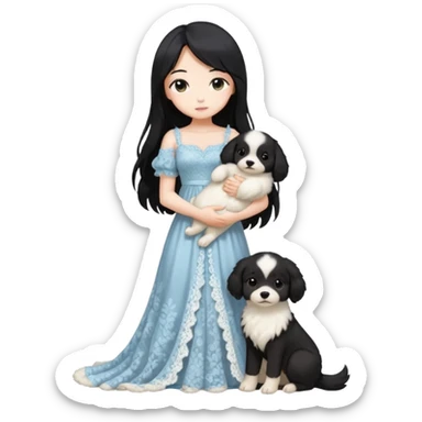Pastel anime lady long hair with long lace dress full body holding puppy sticker