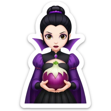 The vampire in black dress, black hair, brown eyes, holding a big violet onion  sticker