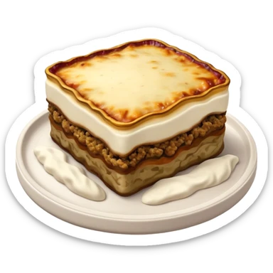 Moussaka Cinematic Realistic Moussaka Dish Emoji, depicted as a rustic serving of moussaka with layers of soft eggplant, ground meat, and a creamy topping featuring a delightfully crispy corner, rendered with rich textures and warm, inviting lighting. sticker