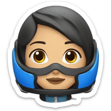 Piloto mulher morena de kart macacão da cor preto com detalhe azul escuro e capacete branco com detalhe azul escuro sticker