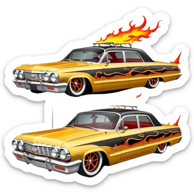 Satans Hot rod custom 1964 impala low rider four door Anubis themed painted hood flaming side-mounted chrome exhaust pipes driving straight to hell  sticker