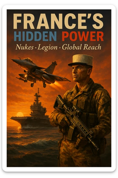 Cinematic dusk scene of a Rafale jet launching from Charles de Gaulle carrier with an orange sunset. Foreground shows a Legionnaire in desert camouflage holding an advanced rifle. Bold tricolor headline: 'FRANCE’S HIDDEN POWER'. Subtext: 'Nukes • Legion • Global Reach'. 8K, epic style. sticker