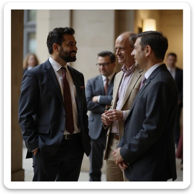 an indian in formal attire standing talking to a group with casual attire sticker