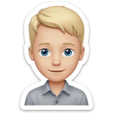 young boy, blond hair, blue eyes, big forehead, pale with slight red from tanning, smiling, in a grey button shirt sticker