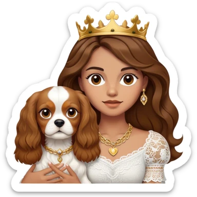 Brown haired slightly tan girl, with straight hair with waves, wearing gold jewelry and a white Lacy top, holding a kings Charles cavalier sticker