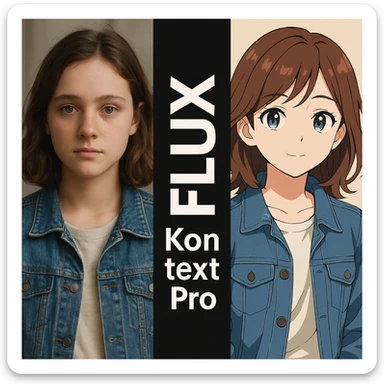 create before after image of a girl before is realsitic photo, after is anime version of her in same pose and clothes, add logo with text of a "FLUX Kontext Pro" in middle in big, black background sticker