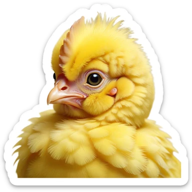 Cinematic Noble Yellow Baby Chicken Portrait Emoji, Poised and regal, with a tiny, fluffy build and a vibrant, well-groomed bright yellow downy coat, deep-set soulful beady eyes, Simplified yet sharp and sophisticated features, highly detailed, glowing with a soft, dignified glow, high shine, intelligent and charming, stylized with an air of youthful elegance, focused and attentive, soft glowing outline, capturing the essence of a watchful and confident little chick, so majestic it feels as though it could peep out of the screen with effortless authority! sticker