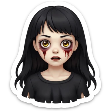 Zombie girl, with bangs above her eyebrows, her dark hair, thin eyebrows. Long hair and Wavy her clothes are black sticker