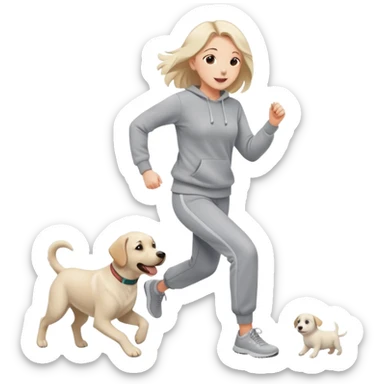 A beautiful girl with fair skin wearing a gray sweatshirt and sweatpants happily chasing a white Labrador sticker