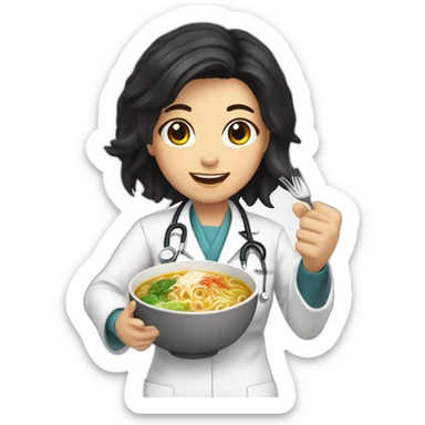 female doctor with dark hair eating ramen bowl with thumbs up sticker