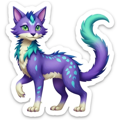 Kawaii dark blue indigo cyan purple violet pink beige white fantasy ethereal feline-vernid-sergal-fursona animal creature with a tufted tail full body with intricate markings, hazel-gold-green eyes sticker