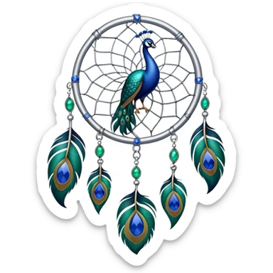a Silver Dreamcatcher with sapphire-stones and emerald-stones, and with peacock-feathers. Big emerald sticker
