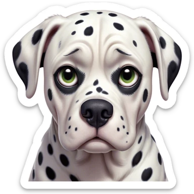 Cinematic Grumpy Dalmatian Portrait Emoji, Head tilted slightly with a deeply unimpressed expression, featuring a glossy white coat with prominent black spots and a furrowed brow, large, droopy dark eyes narrowed into an unamused glare, ears slightly drooping in exasperation, Simplified yet comically expressive features, highly detailed, glowing with a dry, sarcastic glow, high shine, effortlessly judgmental yet dignified, stylized with a touch of cynicism, bright but brooding, soft glowing outline, capturing the essence of an eternally unimpressed yet endearing companion, so lifelike it feels like it could sigh heavily at you in disdain at any moment! sticker