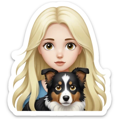 pale girl with light eyes and long blonde hair and black white Australian shepherd. sticker
