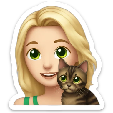 Blonde woman with green eyes holding a fluffy tortoiseshell cat sticker