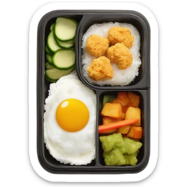 bento with oval container, white rice on the right, karaage, japanese egg omelet, and veggies on the left sticker