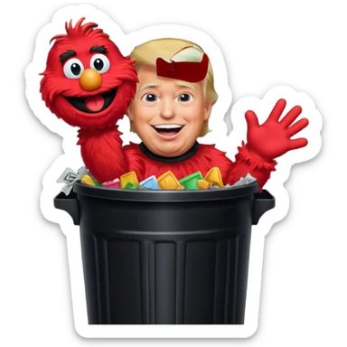 trump laughing while stuffing elmo in trash can sticker