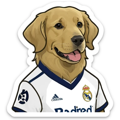 Super white golden retriever playing soccer with real madrid jersey sticker