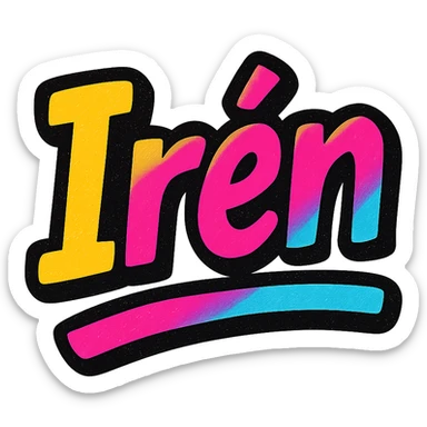 Irén name in modern colorful gradient font with dark outline, dynamic slanted or partial underline, in the style of reference patterns sticker