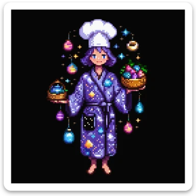 Portrait of a surreal baker floating among stars, wearing a galaxy-patterned robe, holding stardust ingredients, skeuomorphism style sticker