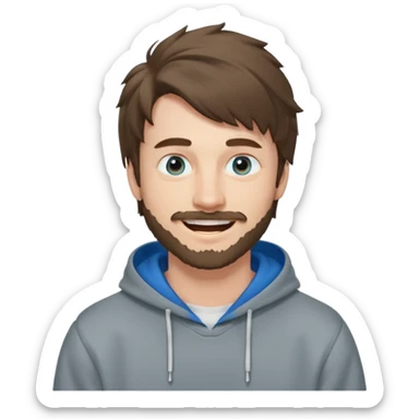 25 year old man, short scruffy beard and thin moustache, brown puffy mullet, blue eyes, big smile, white teeth, big lips, pronounced jaw, hair longer in back, sticking up on top, thin face, grey hooded sweatshirt, pale skin, big smile, blue eyes, puffy hair sticker