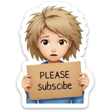 Sad realistic emoji of a young woman with messy hair, holding a cardboard sign that says "PLEASE SUBSCRIBE", emotional begging expression, cinematic lighting, shallow depth of field, soft blurred background, high detail, viral social media style sticker