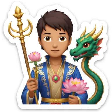 man with asian dragon, scepter, buddhism, lotus sticker