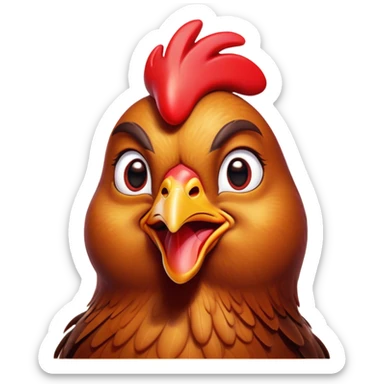 Cinematic Comical Brown Chicken Portrait Emoji, Head tilted dramatically with an exaggeratedly amused expression, featuring a striking, glossy brown plumage with a vibrant red comb, wide, expressive beady eyes filled with playful disbelief, Simplified yet hilariously expressive features, highly detailed, glowing with a slightly sassy glow, high shine, dramatic yet playful, stylized with an air of cheeky mischief, bright and endearing, soft glowing outline, capturing the essence of a spirited and over-the-top chicken, so meme-worthy it feels like it could cluck its way into internet fame instantly! sticker